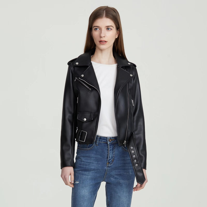 Women Leather Jacket Spring Solid Color Polo Collar Leather Coat