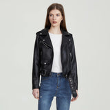 Women Leather Jacket Spring Solid Color Polo Collar Leather Coat