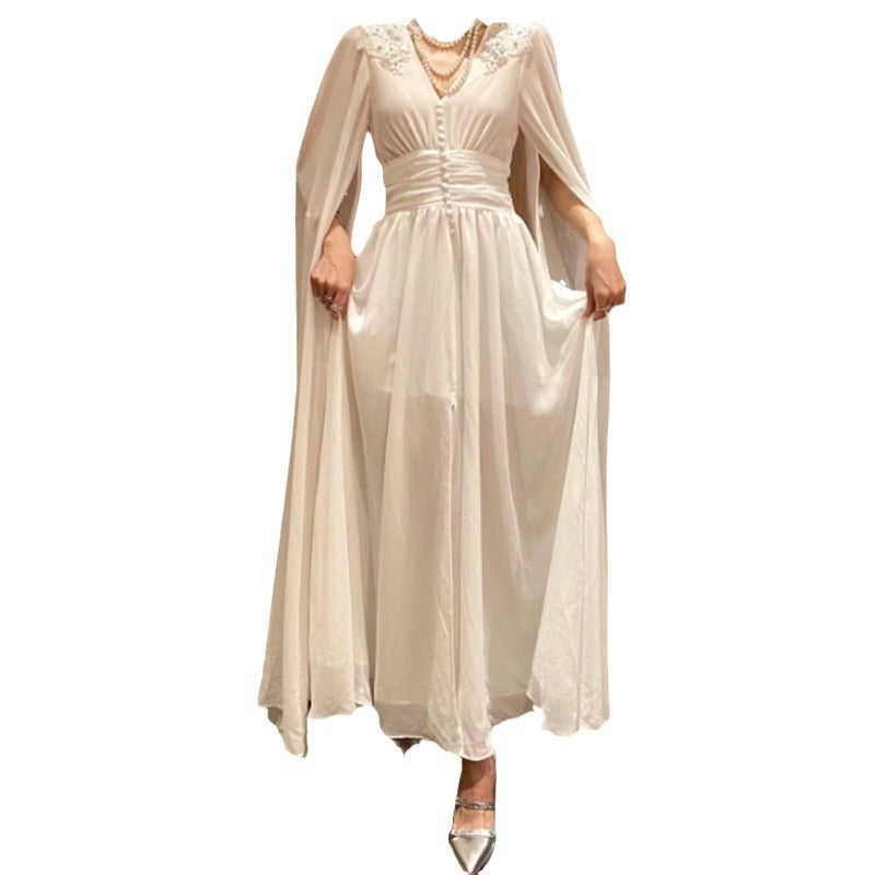 Women Dresses Vintage Dress Spring V-neck Voile Dress (Qymy0409)