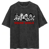 Washed Diablo Halloween printed street retro t-shirt, crew neck short sleeves
