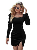 Women Dress Fall/Winter Slit Slim-Fitting Square Collar Long Sleeve Dress