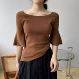 Women Knitted T-shirt Bell Sleeve Solid Color T-shirt Summer round Neck Top