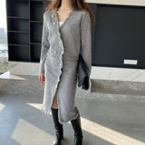 Women Knitted Two-Piece Set Spring Suit V-neck Top and Skirt 8t8221