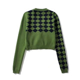 Women Sweater Knitwear Vintage Diamond Plaid V-neck Single Breasted Long Sleeve Knitted Cardigan