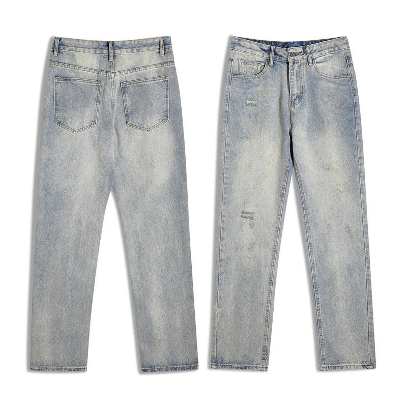 Men Jeans Straight Jeans Men's and Women's Retro Distressed Washed Loose Wide-Leg Pants