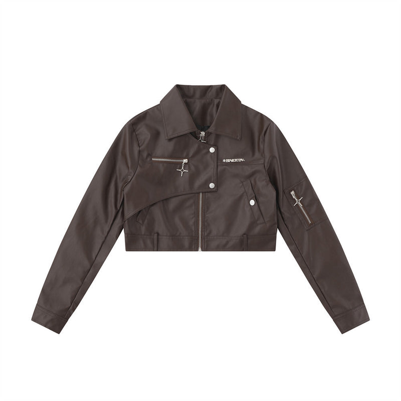 Women Jacket Zipper Cropped Leather Coat PU Leather Jacket