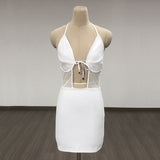Women Evening Dress Sexy V-neck Hollow Mesh Slim-Fit Hip-Wrapped Short Dress Bandage Gown