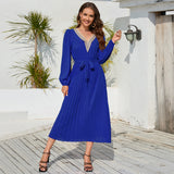 Women Date Dress Autumn and Winter V-neck Lace Pleated Lace-up Long Dress