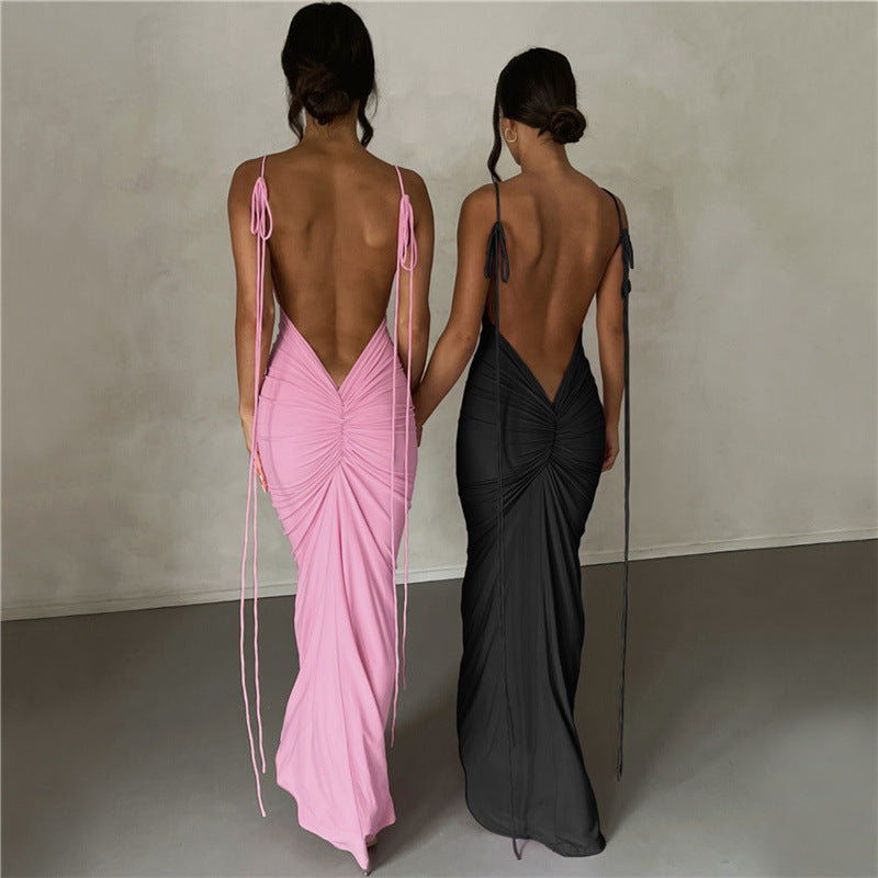 Women Dresses Summer Sexy Suspenders Backless Slim Fit Sheath Dress (Bla0420)