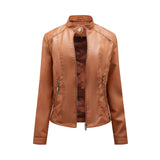 Red Leather Jacket Casual Leather Clothing Women's Stand Collar Zipper Slim Fit Motorcycle Clothing