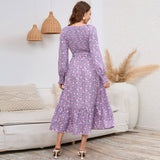Women Date Dress V-neck Floral Skirt Dress