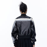 Women Jacket Color Contrast Patchwork Short PU Leather Jacket Stand Collar Biker's Leather Jacket