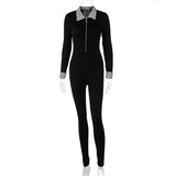 Women Jumpsuit Spring Lapel Zipper Slim Fit Long Sleeve Jumpsuit