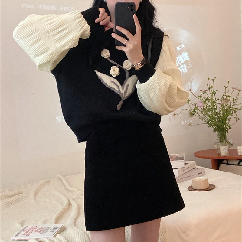 Women Knitted Pullover Autumn Loose Chiffon Blouse Top