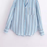 Women Tops Summer Loose-Fitting Striped Long Sleeves Shirt Single-Breasted Top