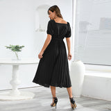 Women Date Dress Summer V-neck Puff Sleeve Lace-up Pleated Dress