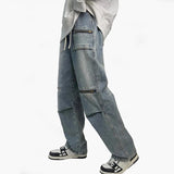Men Jeans Spring and Autumn Vintage Zipper Loose Straight Wide Leg Straight Casual Trousers
