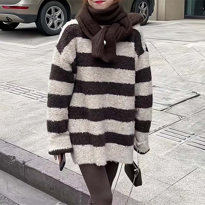 Women Knitwear Autumn and Winter Striped round Neck Sweater Loose Sweater
