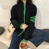 Women Knitwear Autumn and Winter Zipper Stand Collar Sweater Loose Knitted Cardigan