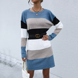 Women Knitted Sweater Autumn Casual Multicolor Long Sleeve Sweater Dress