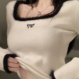 Women Knitted Pullover Square Collar White Knitwear Spring and Autumn Sweater