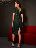 Women Evening Gown Sexy Retro Green Sequins Dress