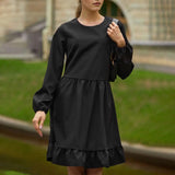 Women Dress Loose Black Ruffled Dress round Neck Puff Sleeve Short Skirt