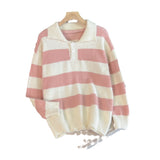 Women Knitwear Autumn and Winter Striped Polo Collar Knitwear Loose Knitted Cardigan