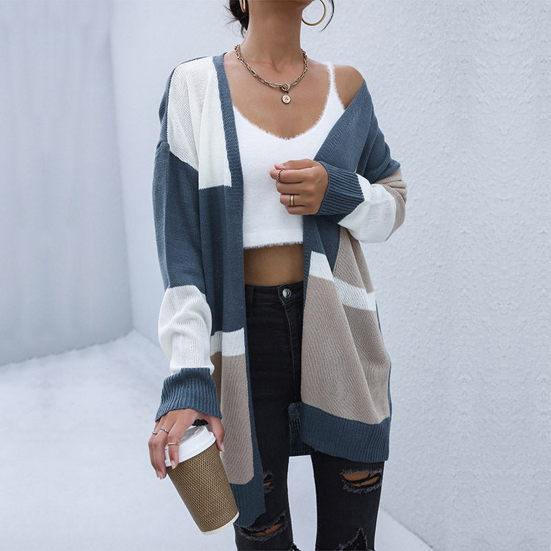 Women Knitted Sweater Autumn Long Button-Free Contrast Color Sweater Coat