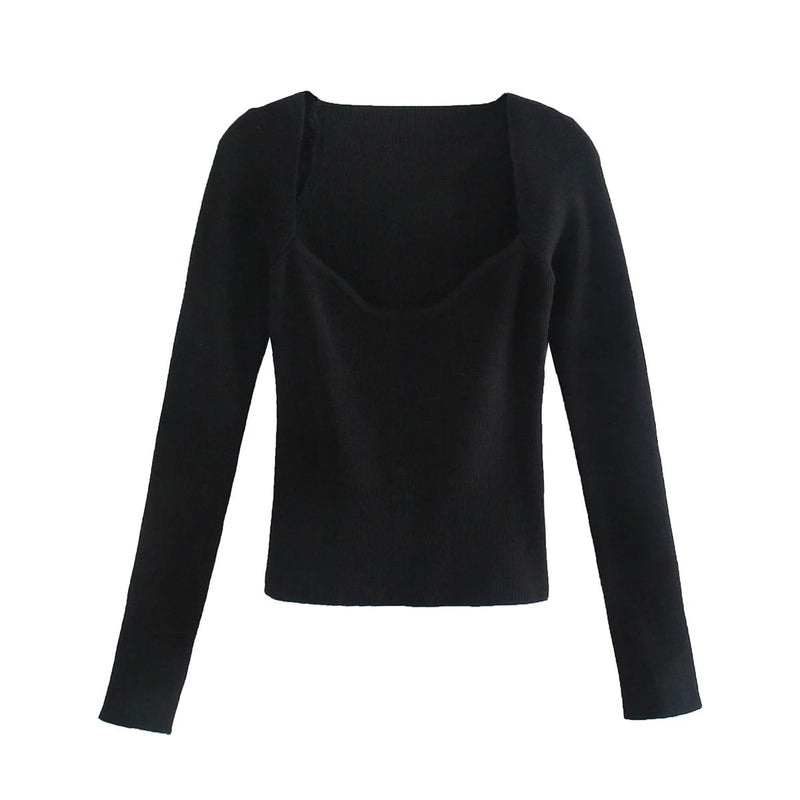 Women Sweater Knitwear Vintage off-Shoulder Square Collar Slimming Long Sleeve Pullover Sweater