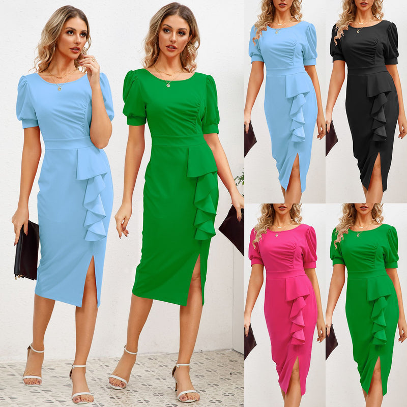 Women Date Dress round Neck Pleated Lace Dress