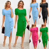 Women Date Dress round Neck Pleated Lace Dress