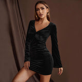 Women Dress Spring/Summer V-neck Long Sleeve Sexy Velvet Dress
