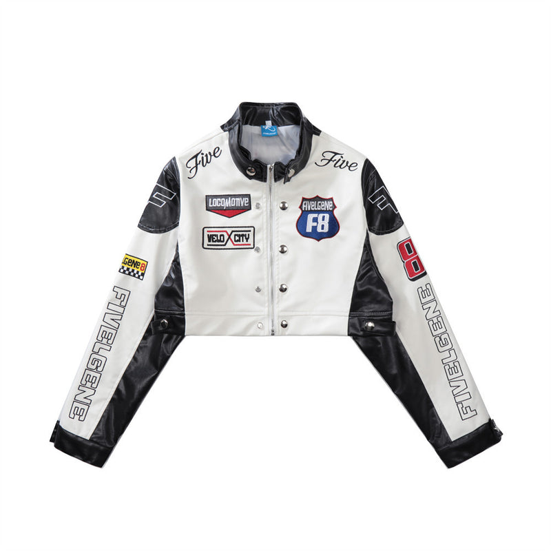 Women Jacket Color Matching PU Leather Jacket Women's Letter Embroidery Short Jacket Baseball Uniform