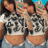 Women T-shirt Graffiti Short Slim Fit Crop-Top Short Sleeve T-shirt