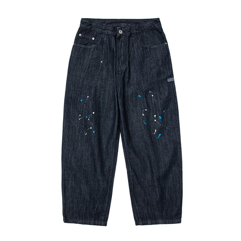 Men Jeans Vintage Primary Color Splash-Ink Wide-Leg Workwear Jeans
