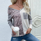 Women Knitted Sweater Loose V-neck Patchwork Leopard Print Sweater Top