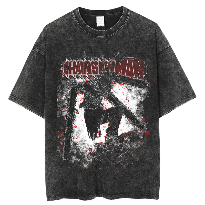 Vintage washed anime cotton T-shirt Harajuku