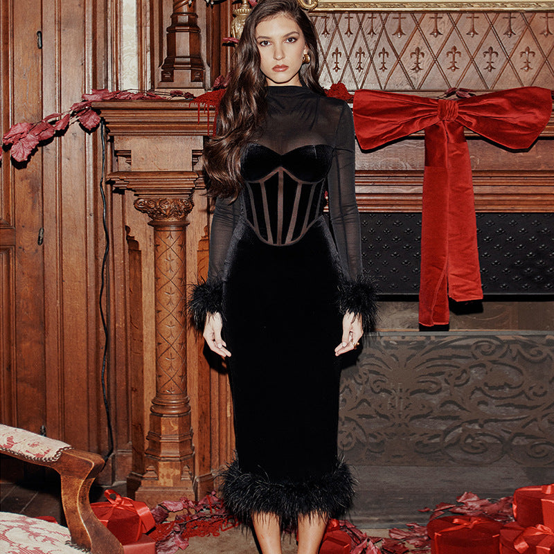 Women Dresses Spring Mesh Long Sleeve Dress
