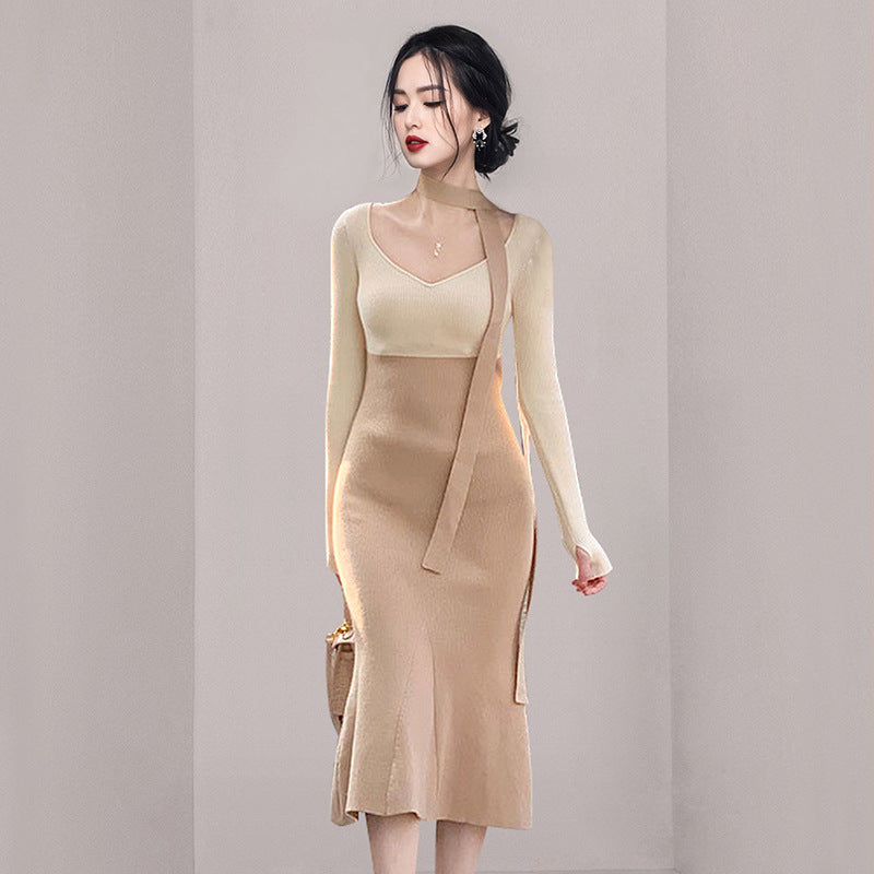 Women Maxi Dress Autumn and Winter Hip Fishtail Knitted Dress