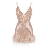 Women Dresses Sexy V-neck Strap Dress Feather Hip Skirt Dress Skirt (Zns0409)