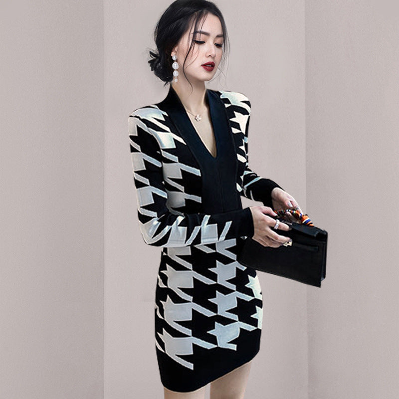Women Maxi Dress Autumn and Winter Houndstooth V-neck Sweaters Dress