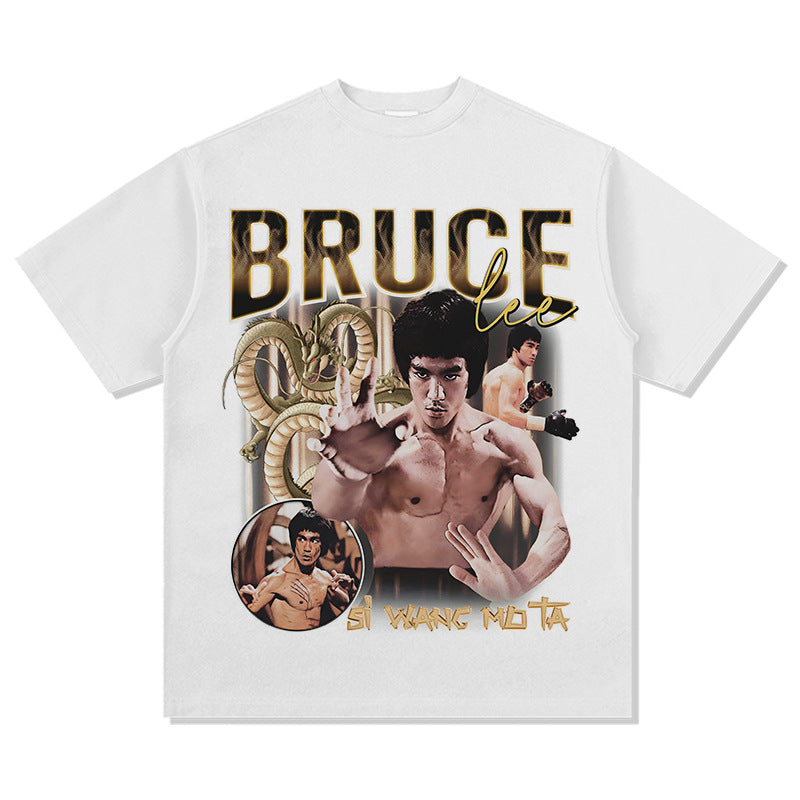 Mens Vintage Boxer T-Shirt ruceLee American vintage washed do old long short sleeve loose T-shirt