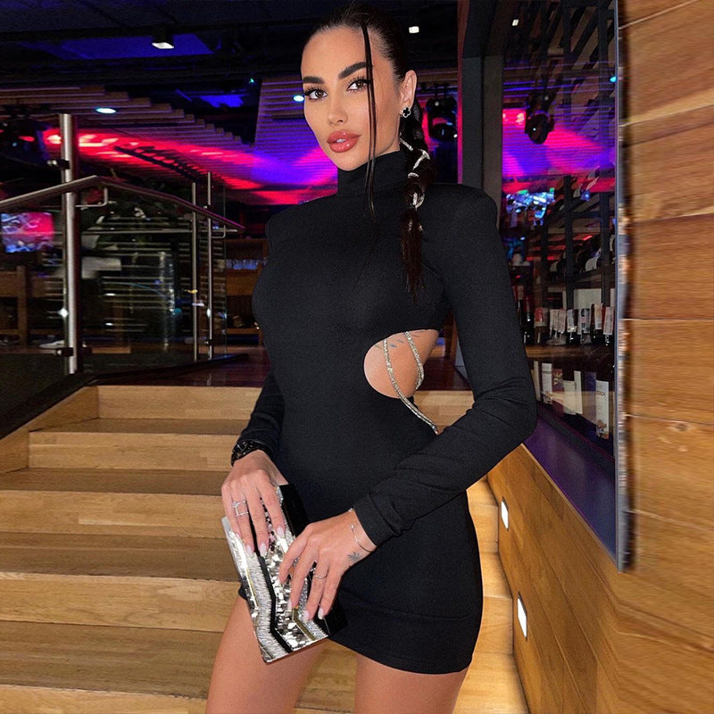 Women Dresses Autumn Sexy Backless Hollow out Chain Slim Long Sleeve Dress
