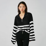 Women Sweater Knit Wear Zipper Striped Sweater Autumn and Winter Turtleneck Knitted Cardigan