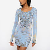 Women Dresse Printed Long Sleeve Narrow Dress round Neck Skirt