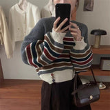 Women Knitwear Spring and Autumn Stripes round Neck Sweater Loose Cropped Sweater