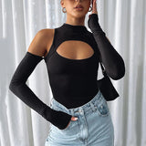 Women Jumpsuit Hollow out Autumn and Winter Turtleneck Long Sleeve Backless off-Shoulder Top