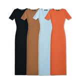 Women Dresses Summer New U Collar Half Sleeve Slit Knitted Dress (Xds0414)