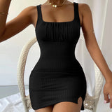 Women Dress Spring and Summer Sexy Slit Slim-Fitting Spaghetti Straps Knitted Dress Hip Skirt